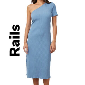 Rails Raina Blue Ribbed Knit One Shoulder Casual Comfort Midi Dress Sz XL